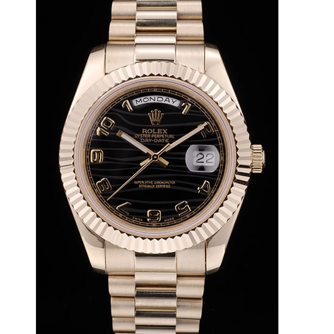 Aaa replica watch Stainless Black Steel DayDate Dial Strap Rolex 41980 Gold Patterned 0722